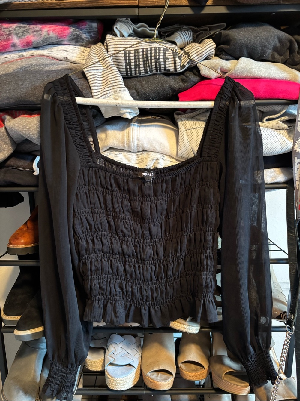 Express Black Smocked Sheer-Sleeve Square Neck Blouse
